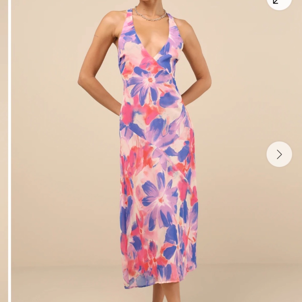 Lulus Delight In Elegance Blush Multi Floral Halter Cutout Midi Dress Pink